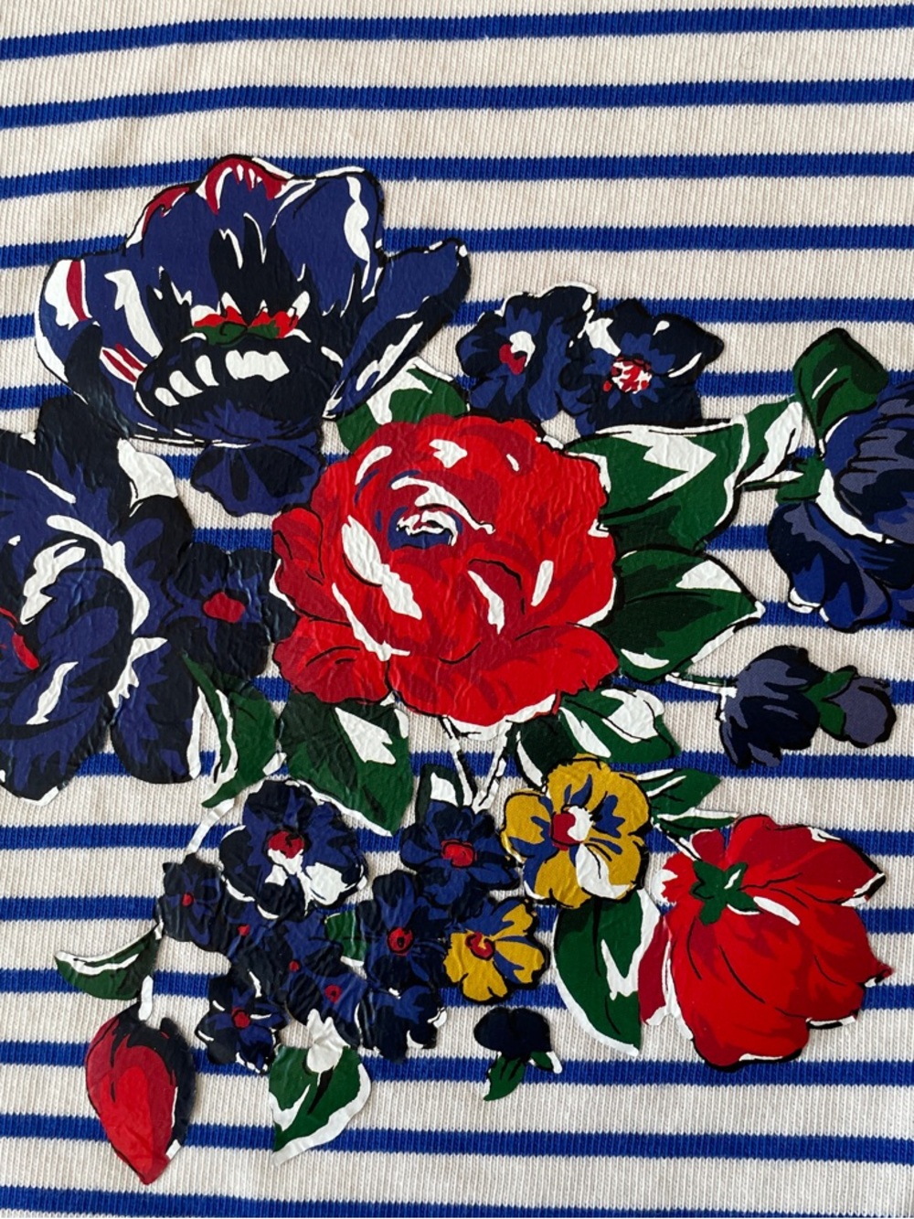 Tory Burch Top M Striped Tee White with Blue Stripes with Red Floral Accents - Picture 6 of 10